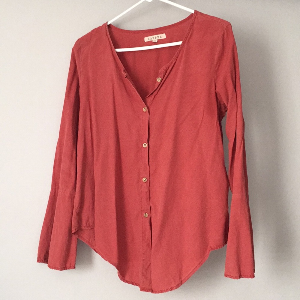 Bell Sleeve Burnished Red Button Down
